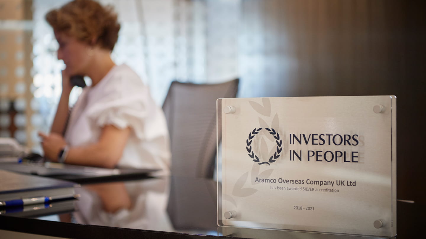 Investors in People Silver award plaque in Aramco Europe London office.