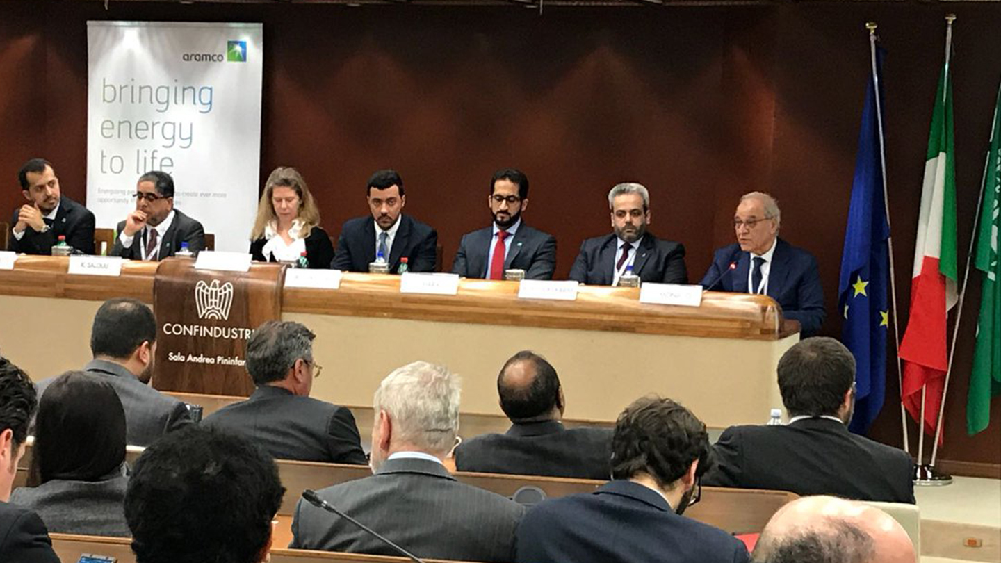 Aramco Europe and Italian business leaders at a panel session during a recent investment forum in Rome Italy.