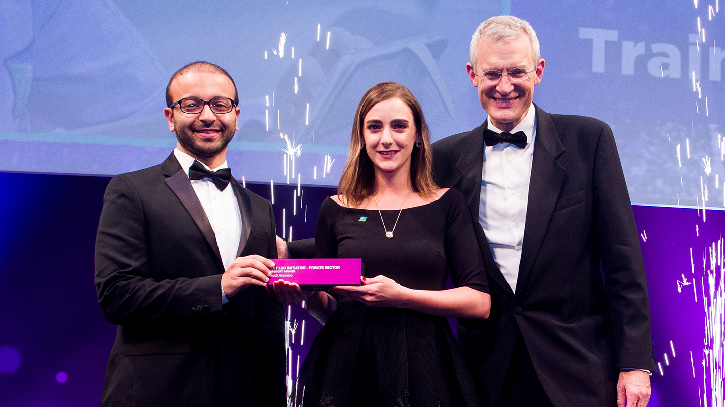 Aramco Europe's Head of Career Development, Turki Ayed, receiving the Vocational and Academic Skills Training (VAST) award for Best L&D Initiative – Private Sector from the Chartered Institute of Personnel and Development (CIPD)