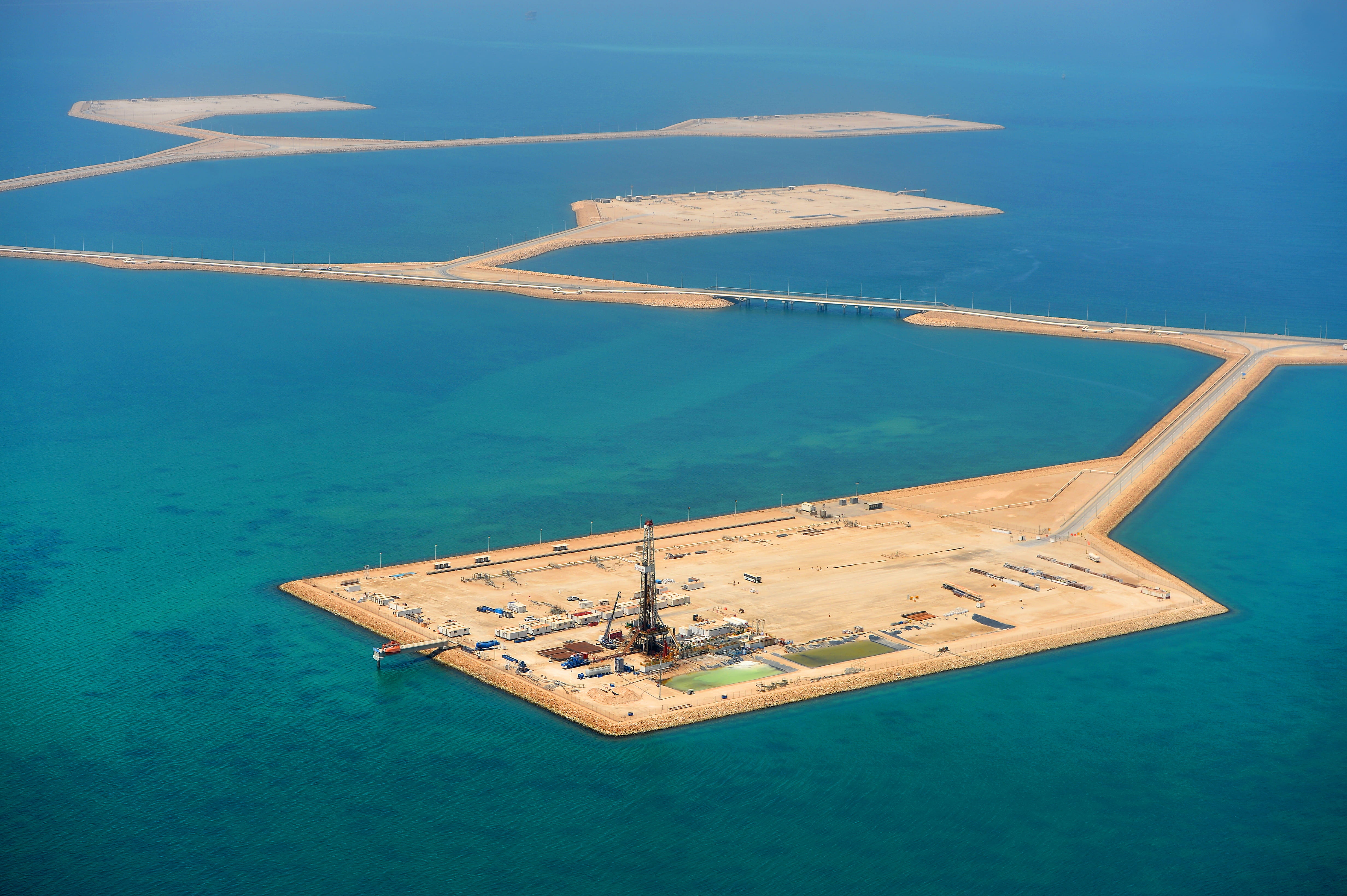 Aerial view of Manifa causeway and facility